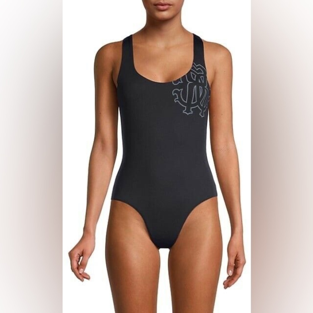 NEW Roberto Cavalli Logo One Piece Swimsuit In Black Size M